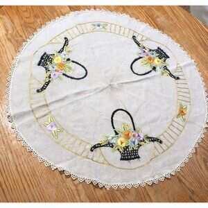 Vintage Table Center Piece Hand-Embroidered Linen Topper Floral Basket Lace Edge